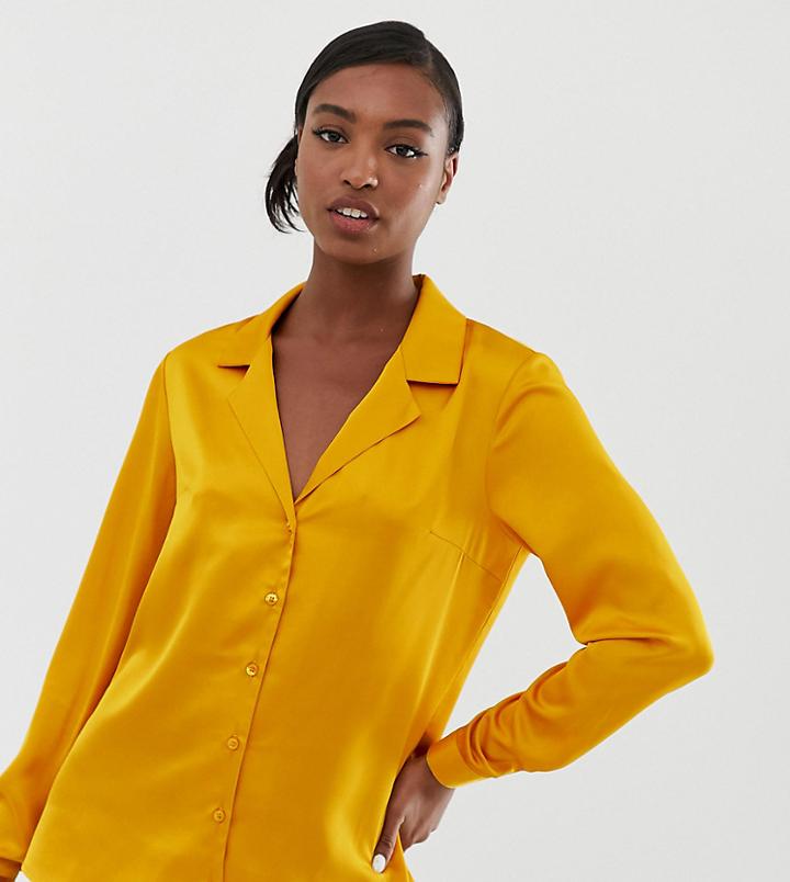 Asos Design Tall Relaxed Satin Long Sleeve Shirt - Gold