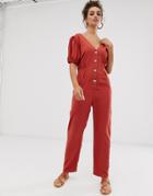 Asos Design Button Front Tea Jumpsuit With Puff Sleeve - Multi