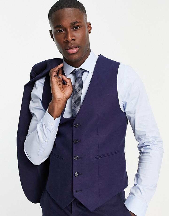 Asos Design Super Skinny Linen Suit Vest In Navy