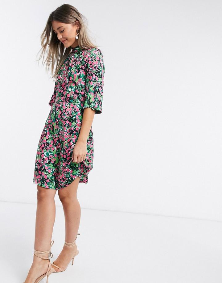 Closet London High Neck Short Mini Dress In Bright Ditsy Floral-multi
