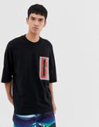 Asos Design Oversized T-shirt With Half Sleeve And Reflective Pocket In Black - Black