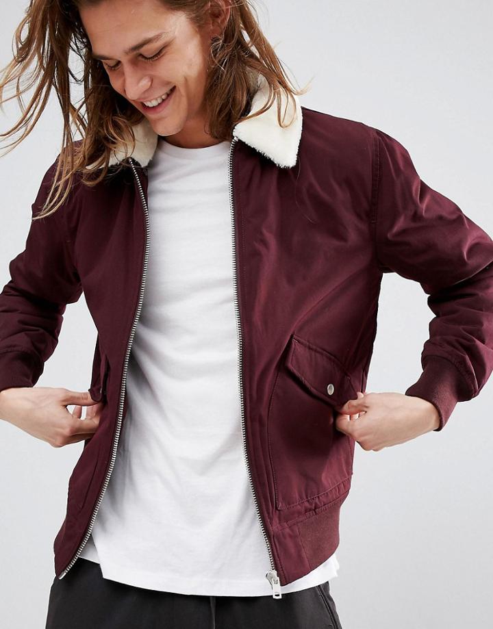 Bershka Shearling Aviator In Burgundy - Red