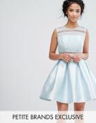 Chi Chi Petite Lace Detail High Low Skater Dress With Button Back - Blue