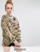 Reclaimed Vintage Oversized Boyfriend Camo Sweatshirt With Butterfly Patches - Khaki