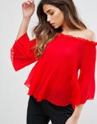 Qed London Pleated Chiffon Off Shoulder Top - Red