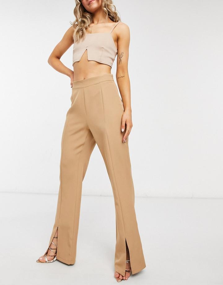 Outrageous Fortune Split Front Pants In Camel Set-brown