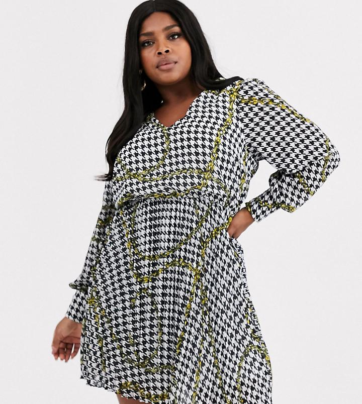 Simply Be V Neck Shirt Dress With Pleated Skirt In Chain Print-multi
