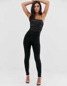 The Girlcode Ruched Cami Strap Satin Top Jumpsuit In Black