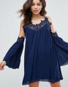 Parisian Cold Shoulder Smock Dress With Crochet Detail - Navy