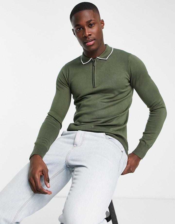 Gianni Feraud Tipped Knitted Zip Polo Shirt-green