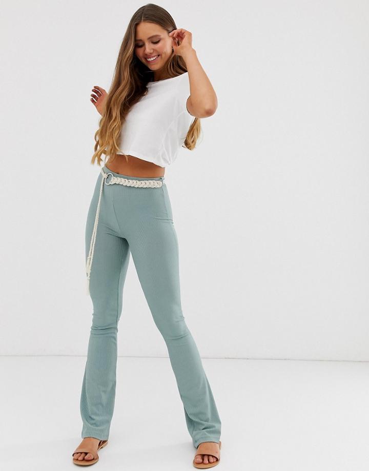 Asos Design Slinky Rib Flare Pants With Rope Belt-blue