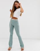 Asos Design Slinky Rib Flare Pants With Rope Belt-blue