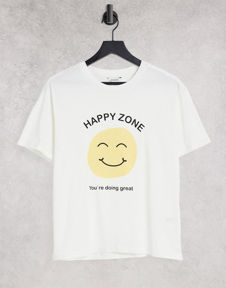Monki Mai Organic Cotton Oversized T-shirt With Smile Face Print In Off White