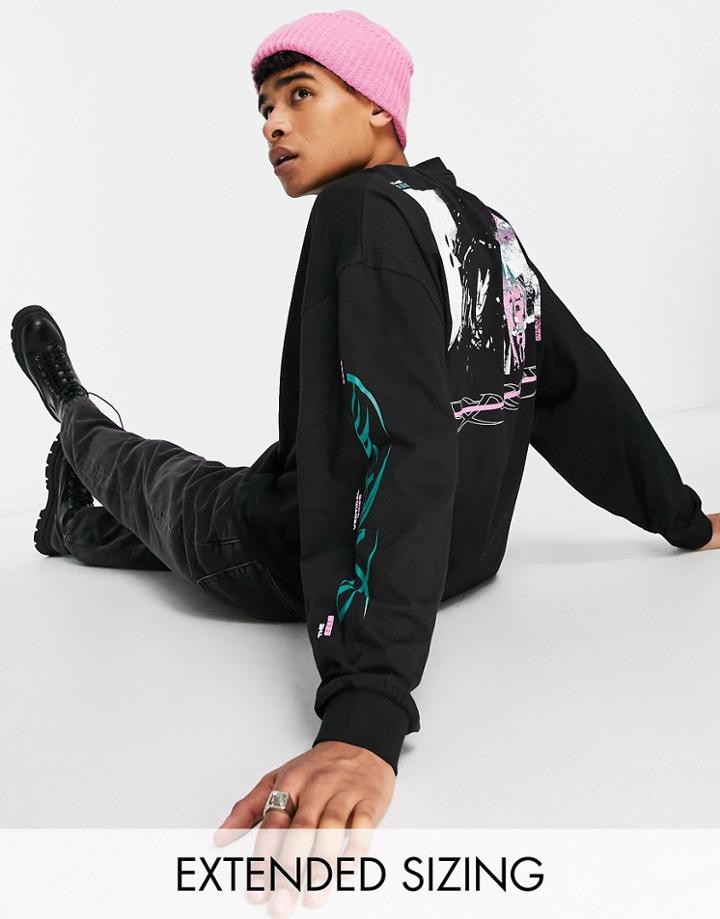 Asos Design Oversized Long Sleeve T-shirt In Black With Photographic Back & Matrix Sleeve Print