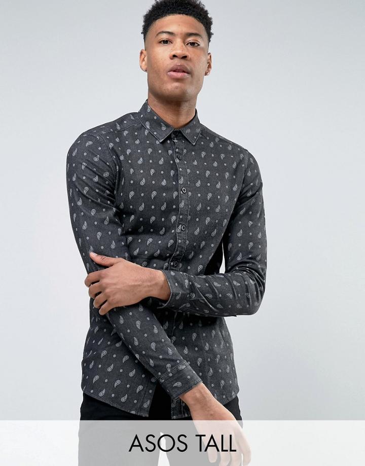 Asos Tall Skinny Denim Shirt With Anchor Print - Black