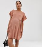 Asos Design Maternity Metallic Frill Sleeve Smock Dress-pink