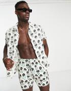 Asos Design Revere Shirt In Linen Mix Floral Print - Part Of A Set-white