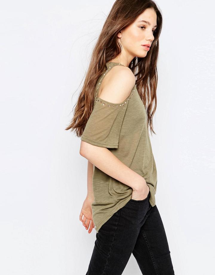 Qed London Cold Shoulder Top With Stud Detail - Khaki