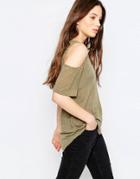 Qed London Cold Shoulder Top With Stud Detail - Khaki