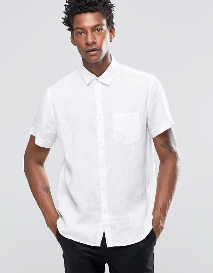 Celio Slim Fit Short Sleeve Linen Shirt - White