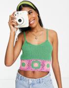 Asos Design Cami With Colorful Crochet Trim Hem-green