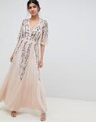 Asos Design Maxi Dress With Cape Back In Floral Embellishment - Beige