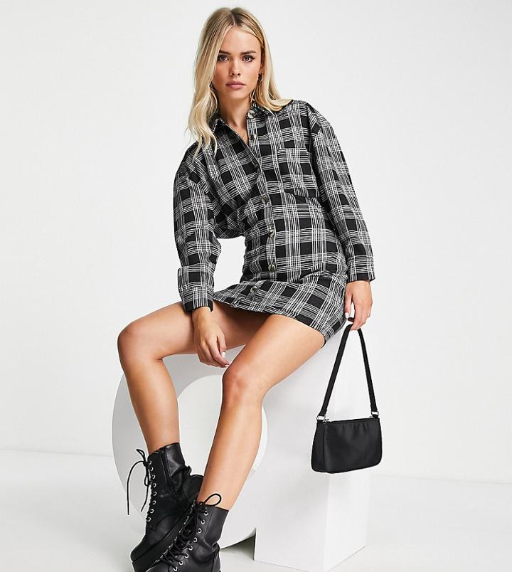 Asos Design Petite Long Sleeve Shirt Dress In Monochrome Check-multi