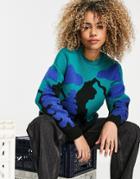 Asos Design Sweater With Scenic Pattern In Blue-blues