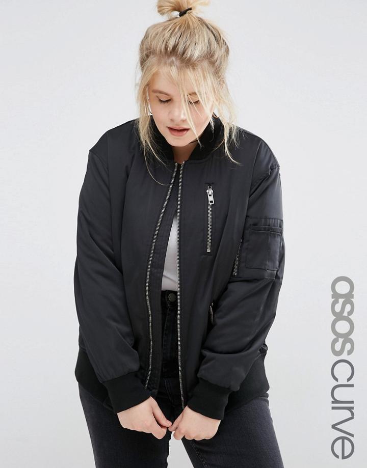 Asos Curve Bomber Jacket With Zip Detail - Black