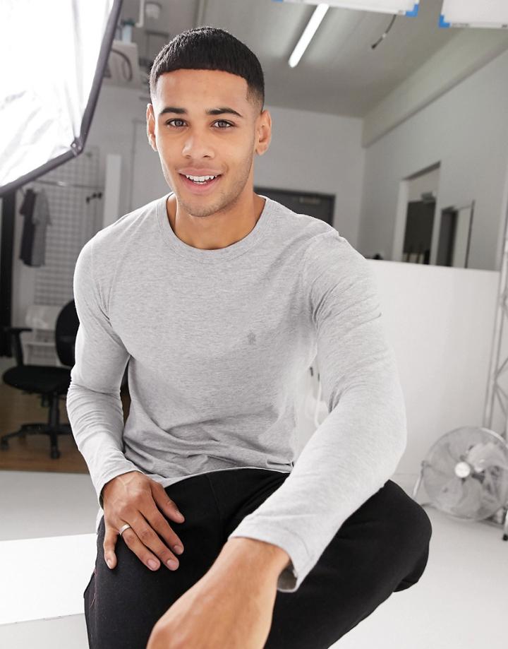 French Connection Long Sleeve Plain Crew Neck Logo Top In Gray