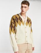 Asos Design Knitted Argyle Cardigan In Tan-brown