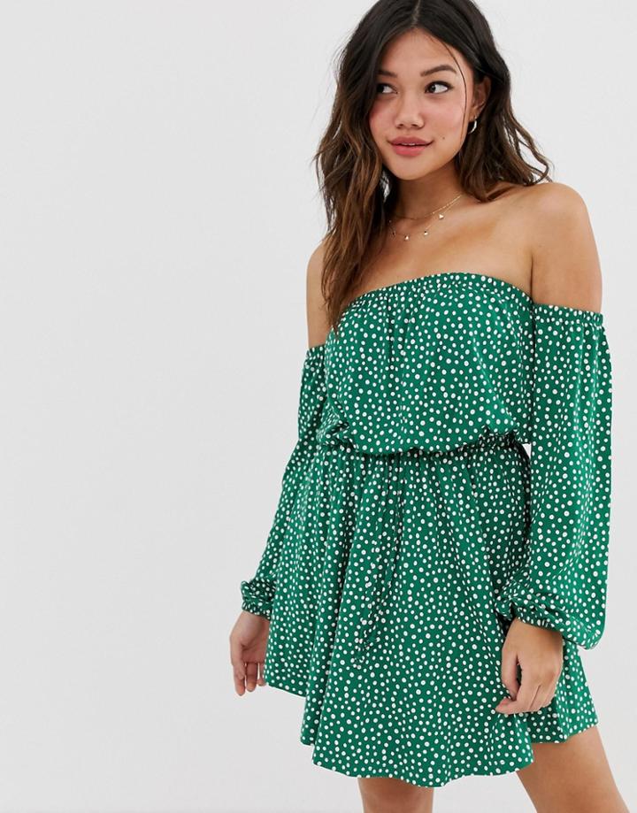 Asos Design Bardot Mini Sundress In Polka Dot-multi