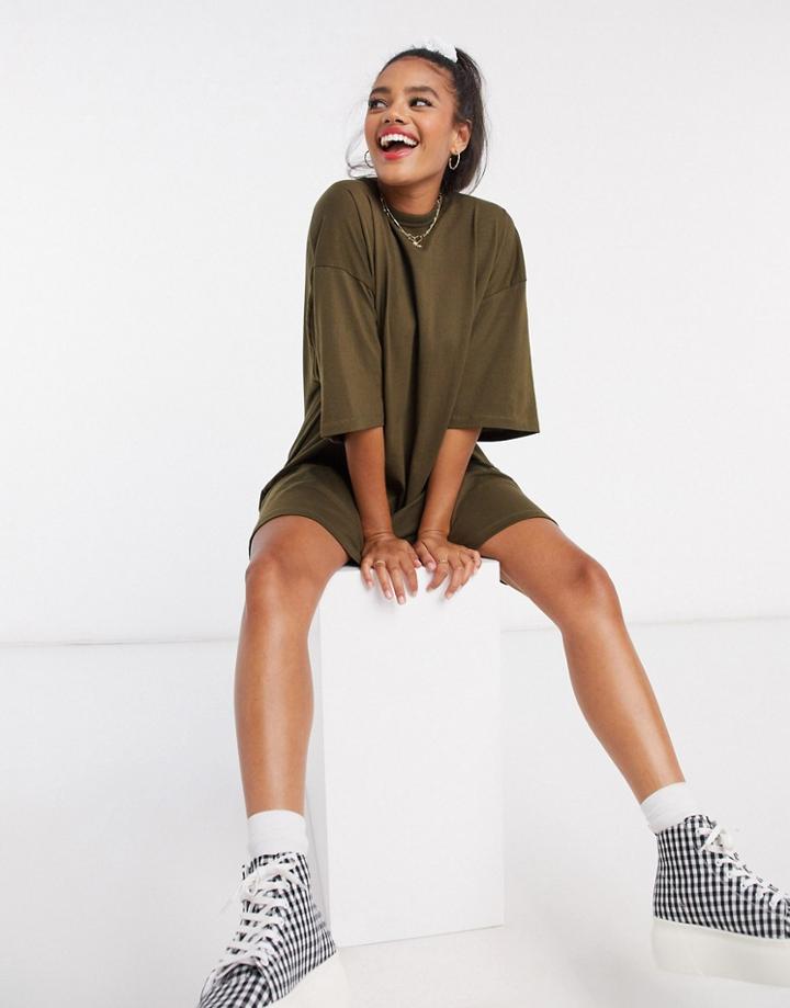 Asos Design Oversized T-shirt Dress In Khaki-green