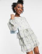 In The Style X Lorna Luxe Balloon Sleeve Tiered Smock Dress In Blue Floral-multi