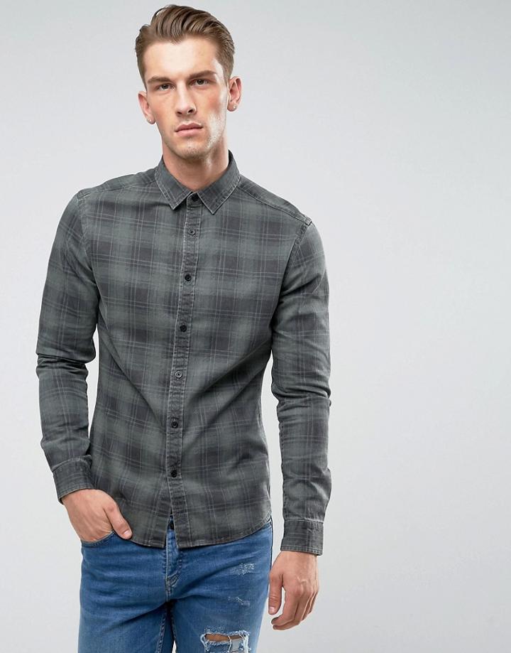 Asos Skinny Denim Check Shirt - Green