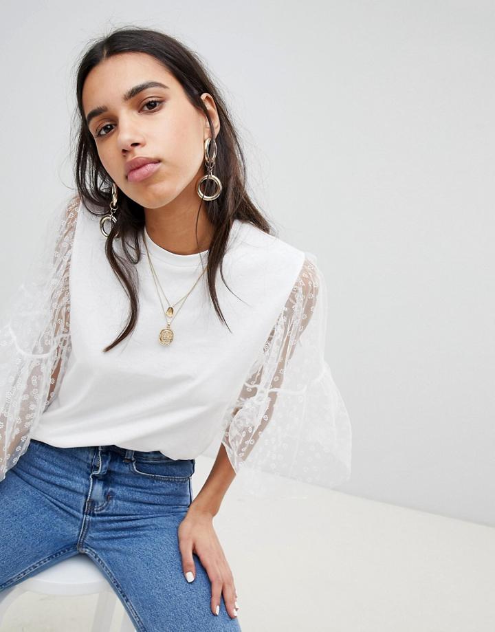Lost Ink T-shirt With Lace Ruffle Sleeve - White