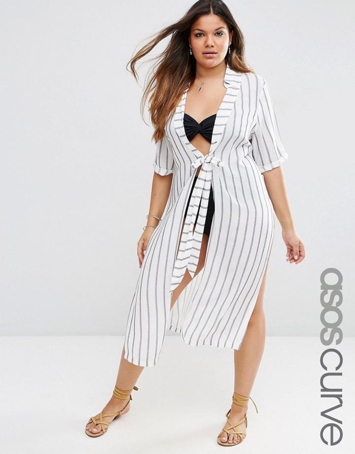 Asos Curve Tie Waist Maxi Beach Shirt Dress In Stripe - Stripe