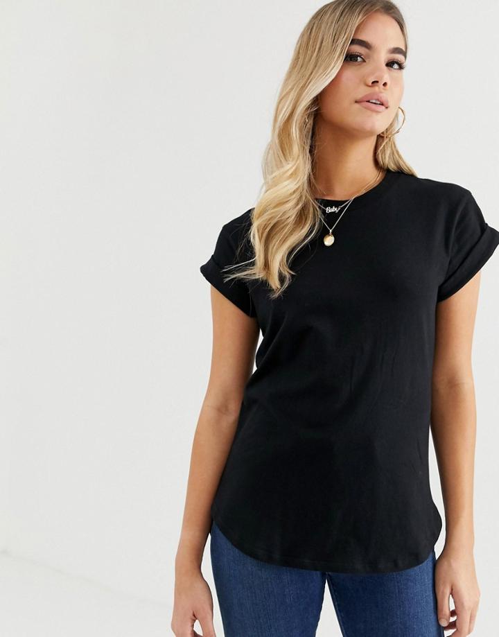 Asos Design T-shirt In Boyfriend Fit With Rolled Sleeve And Curved Hem In Black