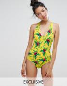 Monki Tropical High Leg Plunge Cross Back Swimsuit - Yellow