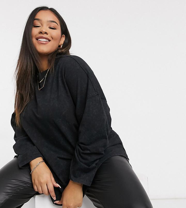 Asos Design Curve Boxy Top With Seam Detail And Long Sleeve In Washed Black-grey