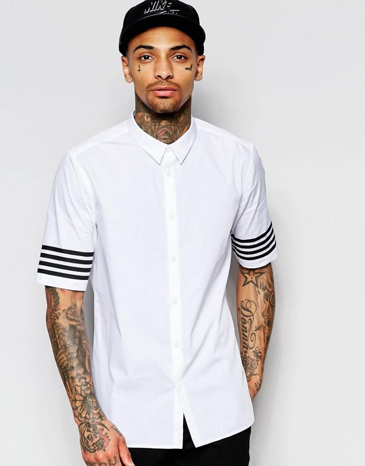 Asos White Shirt With Printed Sleeve Stripe In Regular Fit - White