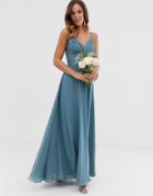 Asos Design Bridesmaid Cami Wrap Tie Waist Maxi Dress With Layered Skirt-blue