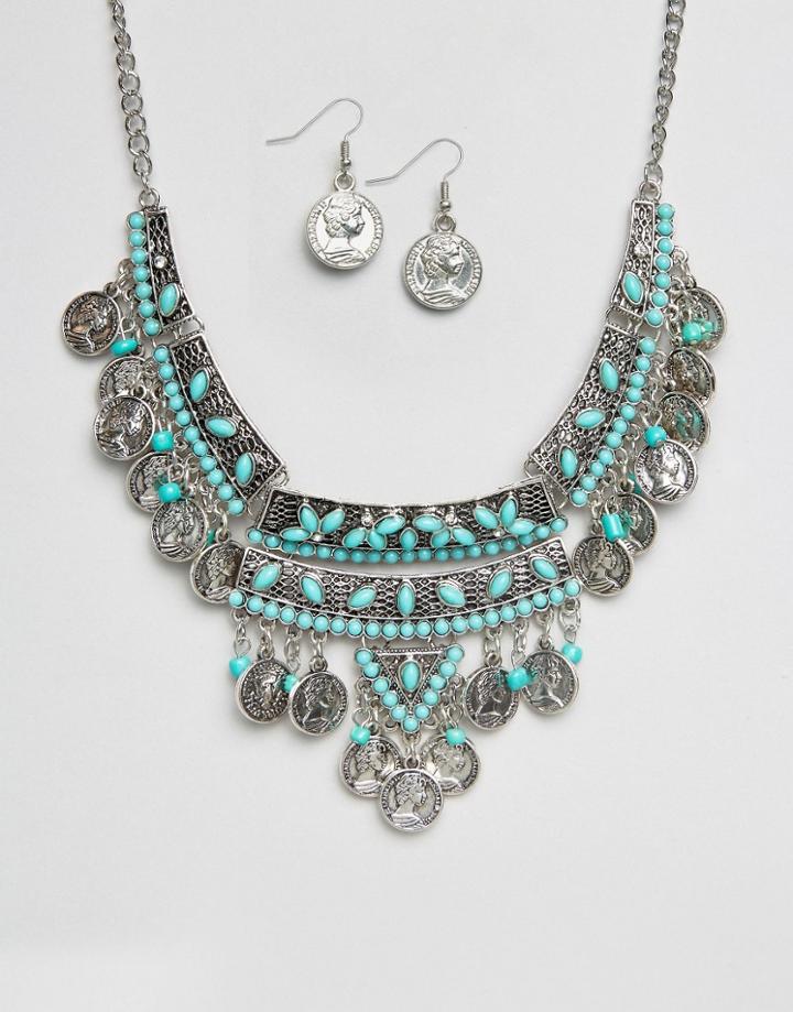 Ruby Rocks Coin Detail Necklace And Earring Set - Silver