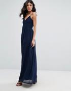 Club L V Neck Pleated Chiffon Maxi Dress - Navy