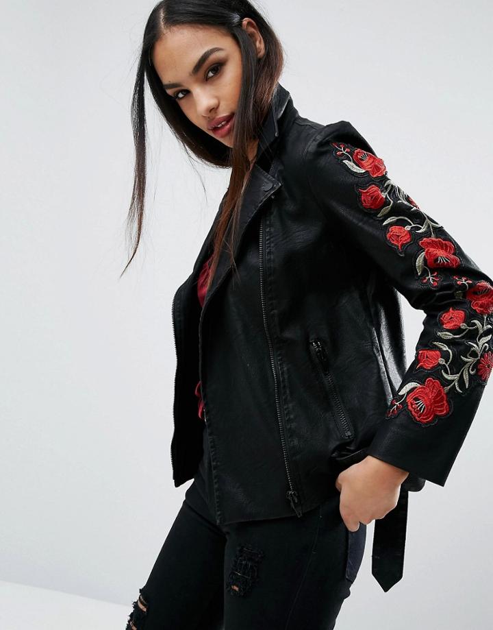 Missguided Floral Applique Leather Look Biker Jacket - Black