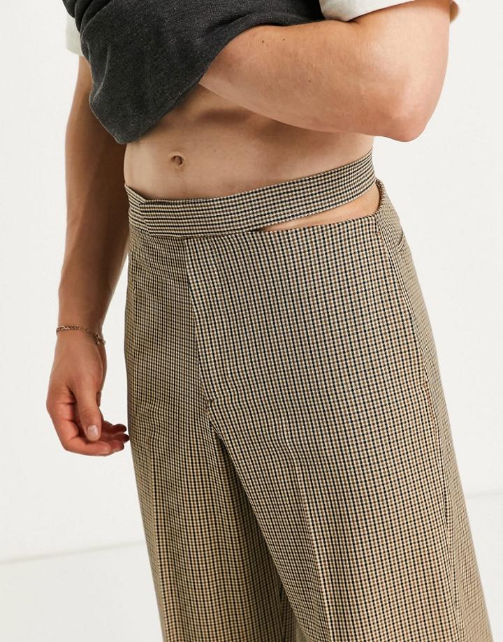 Asos Design High Waist Wide Leg Smart Pant With Cut Out In Brown Micro Check