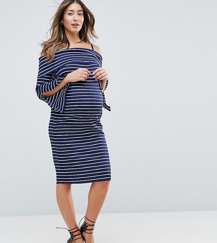 Gebe Maternity Bardot Off Shoulder Midi Bodycon Dress In Stripe - Multi