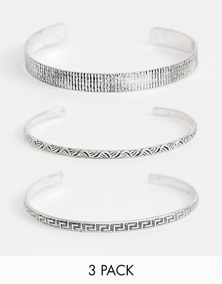 Asos Design Bangle Pack In Burnished Silver Tone - Silver