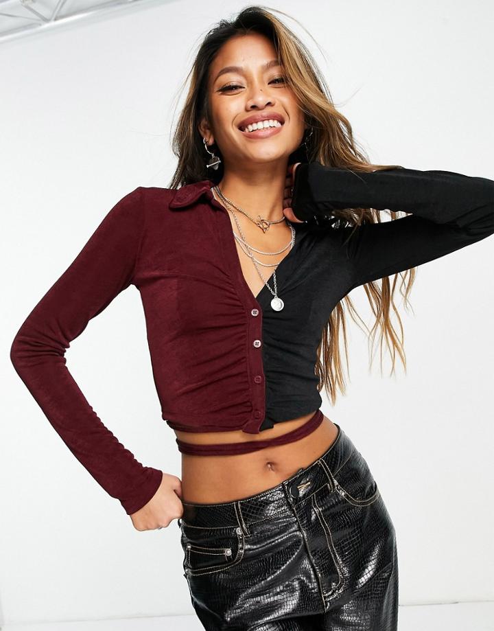 Bershka Ruched Cropped Wrap Around Polo Top In Color Block-multi