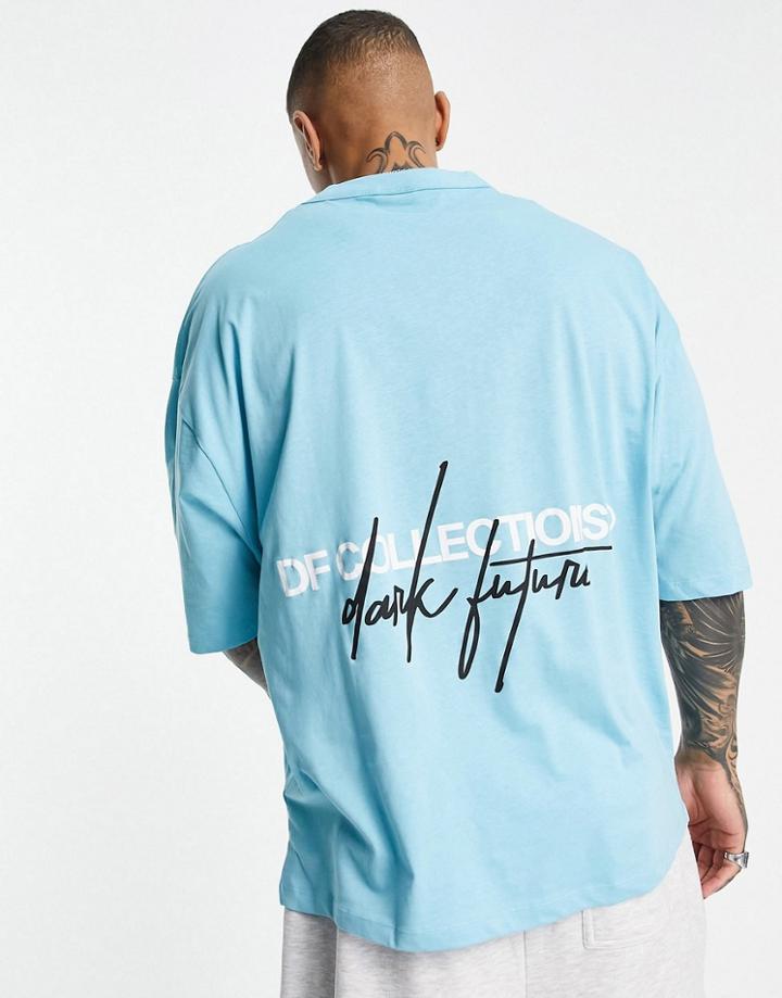 Asos Dark Future Oversized T-shirt In Blue With Printed Logo In Organic Cotton-blues